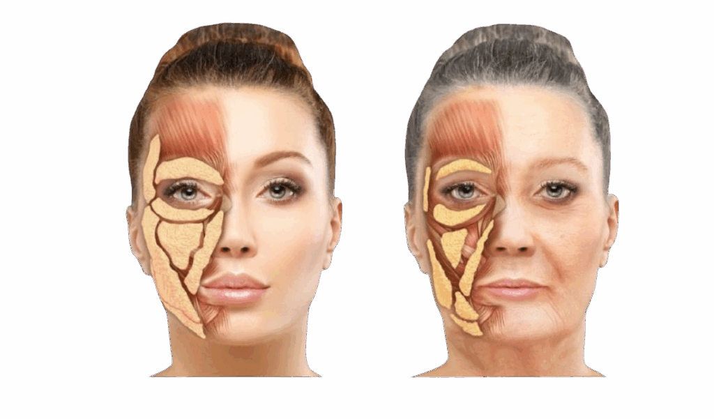 Comparativa anatómica del rostro joven y envejecido mostrando músculos y estructuras faciales que explican el envejecimiento facial.